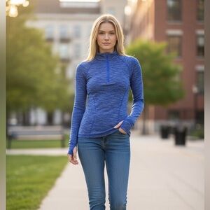 Athleta Fast Track Jacket Women's‎ XS Blue Space Dye Half Zip Athletic Top Knit